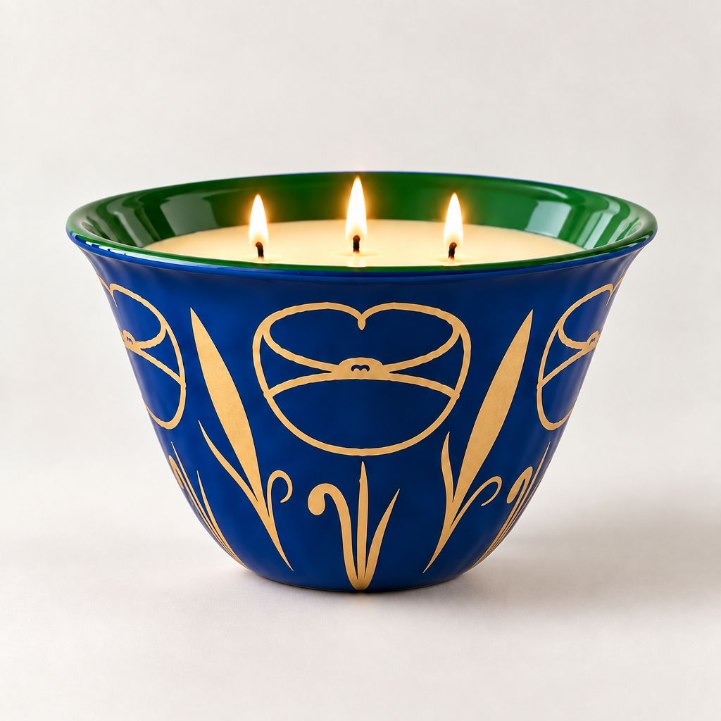 Coqlipot® 180 Festive Jewel Candle Edition, Saphir — sapphire-blue cement vessel, emerald-green rim, gold poppy motif, lit three-wick soy-blend wax candle