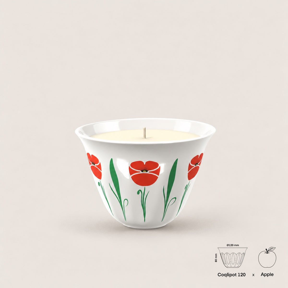 Coqlipot® 120 Poppy Candle Edition, Red — cement vessel with red poppy and green leaf decals, single-wick soy-blend wax candle, shown with apple for scale