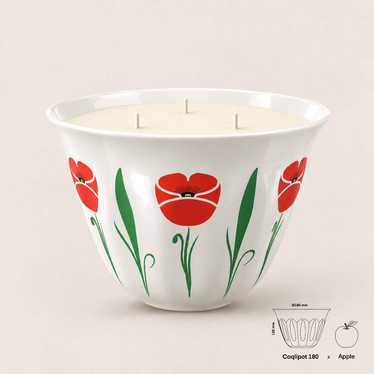 Coqlipot® 180 Poppy Candle Edition, Red — cement vessel with red poppy and green leaf decals, three-wick soy-blend wax candle, shown with apple for scale